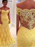 Mermaid Off the Shouler Side Zipper Yellow Tulle Prom Dress  with Appliques LBQ3310